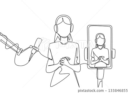Continuous one line drawing a woman using headphones and a mic broadcasts with a smartphone. Online broadcast via smartphone app. National Streaming Day. Single line draw design vector illustration Continuous one line drawing a woman using headphones and a mic broadcasts with a smartphone. Online broadcast via smartphone app. National Streaming Day. Single line draw design vector illustration 133846855