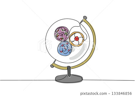 Single continuous line drawing a globe with a round plate in the middle containing 3 cupcakes. A practical and delicious dessert. Sweet. Filling. World Baking Day. One line design vector illustration 133846856