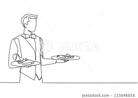 Single continuous line drawing a man wearing a waitress uniform carrying a plate of food in both hands. Work smartly. Value the time. Staff. National Waitstaff Day. One line design vector illustration Single continuous line drawing a man wearing a waitress uniform carrying a plate of food in both hands. Work smartly. Value the time. Staff. National Waitstaff Day. One line design vector illustration 133846858