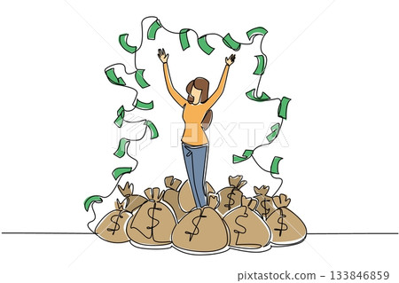 Single one line drawing woman standing on pile of money bags while throwing banknotes. Benefits beyond reason. Successful investment. Be a Millionaire Day. Continuous line design graphic illustration Single one line drawing woman standing on pile of money bags while throwing banknotes. Benefits beyond reason. Successful investment. Be a Millionaire Day. Continuous line design graphic illustration 133846859