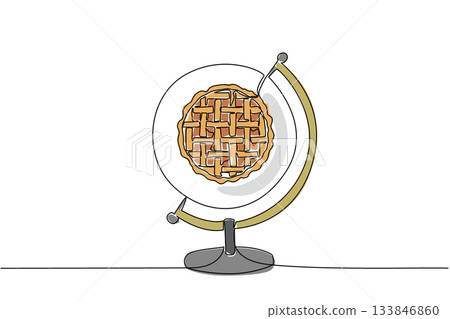 Single one line drawing a globe with round plate in the middle containing 1 pie. Delicious and healthy cake. Fresh fruit. Sweet. Dessert. World Baking Day. Continuous line design graphic illustration Single one line drawing a globe with round plate in the middle containing 1 pie. Delicious and healthy cake. Fresh fruit. Sweet. Dessert. World Baking Day. Continuous line design graphic illustration 133846860