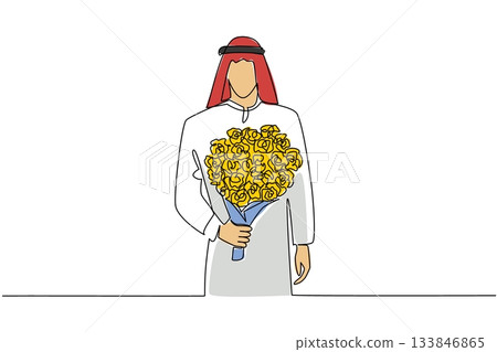 Continuous one line drawing arab man holding bouquet of flowers posing as if he wants to give the flowers. Sincerity of love. Bring Flowers To Someone Day. Single line draw design vector illustration 133846865
