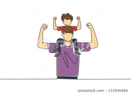 Single one line drawing a father carries his son on shoulders and poses like a bodybuilder. Working together to maintain health. International Day of Boys. Continuous line design graphic illustration Single one line drawing a father carries his son on shoulders and poses like a bodybuilder. Working together to maintain health. International Day of Boys. Continuous line design graphic illustration 133846866