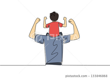 Single one line drawing rear view, a father carries son on shoulders and poses like a bodybuilder. Bonding in the afternoon. International Day of Boys. Continuous line design graphic illustration 133846868