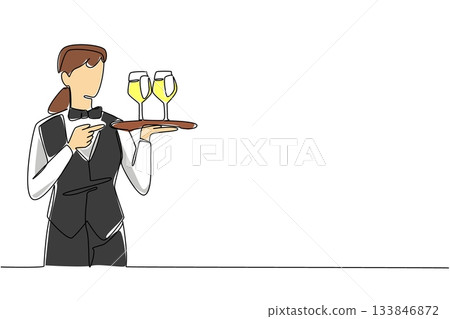 Single continuous line drawing waitress carrying tray and her hand gesture pointing to the glass of juice. Natural restaurant style freshness. National Waiters Day. One line design vector illustration Single continuous line drawing waitress carrying tray and her hand gesture pointing to the glass of juice. Natural restaurant style freshness. National Waiters Day. One line design vector illustration 133846872