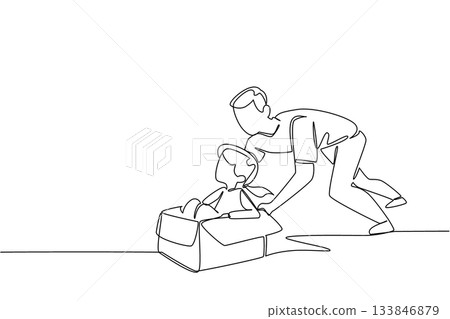 Single continuous line drawing girl is in a cardboard box and pushed by her father. Father is first love of his daughter. Affection. International Day of Boys. One line design vector illustration Single continuous line drawing girl is in a cardboard box and pushed by her father. Father is first love of his daughter. Affection. International Day of Boys. One line design vector illustration 133846879
