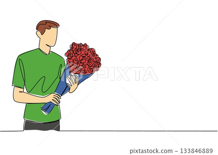 Continuous one line drawing young handsome man carrying a bouquet of flowers. Roses are a symbol of great love. Dream lover. Bring Flowers To Someone Day. Single line draw design vector illustration 133846889