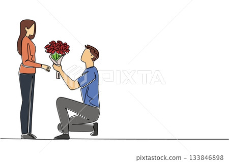 Continuous one line drawing a man kneeling while giving a bouquet of flowers to a woman. The long awaited moment. True love. Bring Flowers To Someone Day. Single line draw design vector illustration Continuous one line drawing a man kneeling while giving a bouquet of flowers to a woman. The long awaited moment. True love. Bring Flowers To Someone Day. Single line draw design vector illustration 133846898