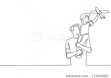 Single continuous line drawing father carrying his daughter on his shoulders and the child holding a toy airplane. Harmonious family. International Day of Boys. One line design vector illustration Single continuous line drawing father carrying his daughter on his shoulders and the child holding a toy airplane. Harmonious family. International Day of Boys. One line design vector illustration 133846903