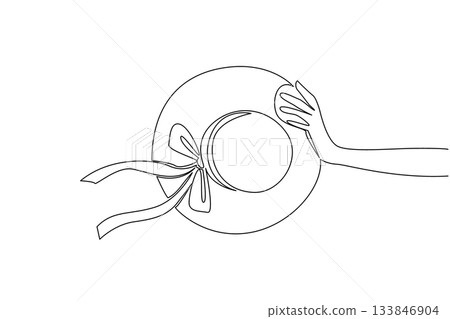 Single one line drawing hand holding straw hat with ribbon. Unique accessories and add a beautiful impression to women. Have a nice holiday. Straw Hat Day. Continuous line design graphic illustration Single one line drawing hand holding straw hat with ribbon. Unique accessories and add a beautiful impression to women. Have a nice holiday. Straw Hat Day. Continuous line design graphic illustration 133846904