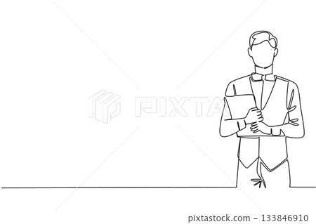 Single continuous line drawing a waiter crosses his arms in front of his chest while carrying a menu. Bringing menu list. Catalog. Servant. National Waiters Day. One line design vector illustration 133846910