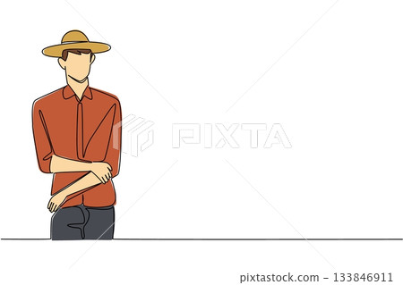 Continuous one line drawing man wearing shirt with his arms crossed and a straw hat. Outdoor workers. Farmer. Take a break from the hot sun. Straw Hat Day. Single line draw design vector illustration 133846911