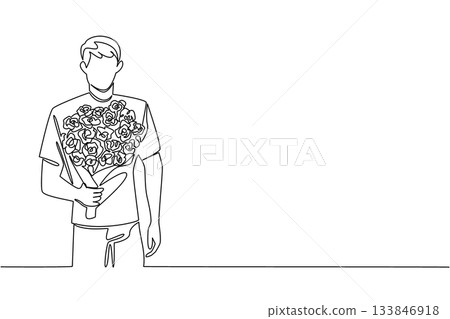Single continuous line drawing man holding bouquet of flowers posing as if he wants to give the flowers. Sincere apology. Great love. Bring Flowers To Someone Day. One line design vector illustration Single continuous line drawing man holding bouquet of flowers posing as if he wants to give the flowers. Sincere apology. Great love. Bring Flowers To Someone Day. One line design vector illustration 133846918