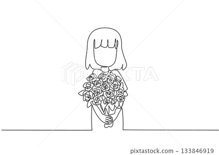 Continuous one line drawing a girl holding a bouquet of flowers posing as if she wants to give the flowers. Surprise for mom. Bring Flowers To Someone Day. Single line draw design vector illustration Continuous one line drawing a girl holding a bouquet of flowers posing as if she wants to give the flowers. Surprise for mom. Bring Flowers To Someone Day. Single line draw design vector illustration 133846919