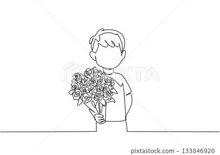 Single one line drawing boy holding bouquet of flowers posing as if he wants to give the flowers. For the beloved mother. Bring Flowers To Someone Day. Continuous line design graphic illustration 133846920
