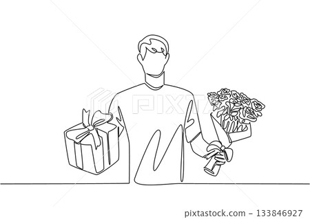 Single one line drawing a man in casual clothes holding a bouquet of flowers and a gift. A special gift on a special day. Bring Flowers To Someone Day. Continuous line design graphic illustration Single one line drawing a man in casual clothes holding a bouquet of flowers and a gift. A special gift on a special day. Bring Flowers To Someone Day. Continuous line design graphic illustration 133846927