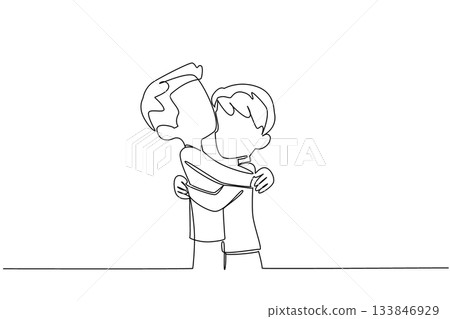 Single one line drawing two brothers hugging each other. Bonding. Family like close friends who are very close.. The happiness of siblings. Day of Brother. Continuous line design graphic illustration 133846929