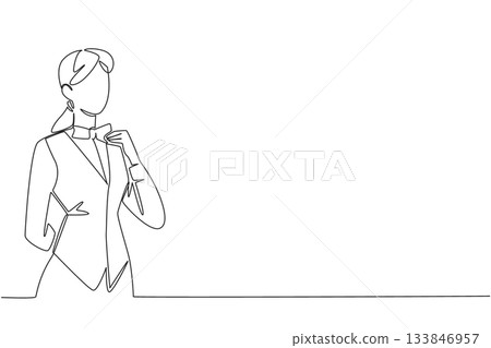 Single one line drawing woman wears a waitstaff uniform holds bow tie with one of hands. Selected as the best employee of the year. National Waitstaff Day. Continuous line design graphic illustration 133846957