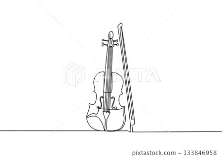 Single continuous line drawing violin standing position with bow at side. A melodious musical instrument. Beautiful melody when played. Classical. World Fiddle Day. One line design vector illustration 133846958