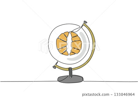 Single one line drawing a globe with a round plate in the middle containing 2 croissants. World Baking Day. Instant energy source. High in carbohydrates. Continuous line design graphic illustration 133846964