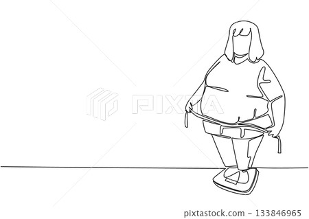 Single one line drawing a fat woman ties her stomach with a measuring tape standing on a scale. Too much sweet consumption. Over. Weights and Measures Day. Continuous line design graphic illustration 133846965