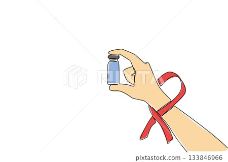 Single continuous line drawing hand holds medical glass vial or vaccine bottle with red ribbon on wrist. Vaccination. Treatment. National HIV Vaccine Awareness Day. One line design vector illustration Single continuous line drawing hand holds medical glass vial or vaccine bottle with red ribbon on wrist. Vaccination. Treatment. National HIV Vaccine Awareness Day. One line design vector illustration 133846966