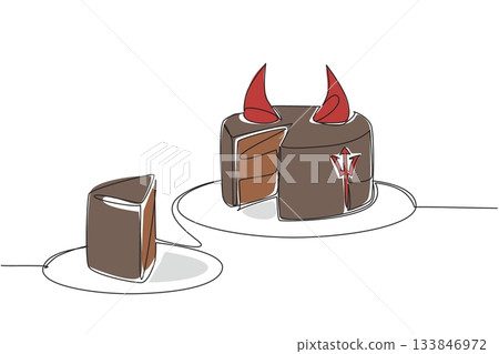 Single continuous line drawing food cake of devil cut with horn topping. A darker, denser cake with a sweeter taste. Culinary. Event. National Food of Devil Cake. One line design vector illustration 133846972