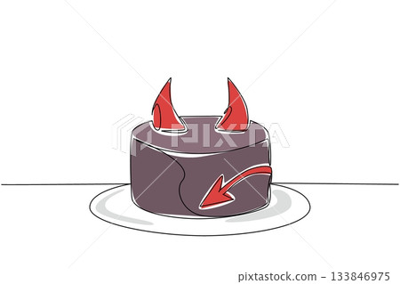 Continuous one line drawing food of devil cake with horn topping and tail on the side. The deliciousness behind the density. National Food of Devil Cake. Single line draw design vector illustration 133846975