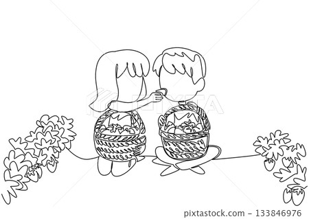 Single continuous line drawing a girl feeding a boy while sitting in the garden. Form attention. Give each other. Sweet. Freshness. National Pick Strawberries Day. One line design vector illustration Single continuous line drawing a girl feeding a boy while sitting in the garden. Form attention. Give each other. Sweet. Freshness. National Pick Strawberries Day. One line design vector illustration 133846976