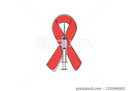 Single continuous line drawing injection with red ribbon background symbol of AIDS. One solidarity to fight deadly HIV virus. National HIV Vaccine Awareness Day. One line design vector illustration Single continuous line drawing injection with red ribbon background symbol of AIDS. One solidarity to fight deadly HIV virus. National HIV Vaccine Awareness Day. One line design vector illustration 133846983