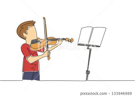 Single continuous line drawing a little boy playing the violin in front of the note stand. First day of the course. Soaking up every note. Sound. World Fiddle Day. One line design vector illustration Single continuous line drawing a little boy playing the violin in front of the note stand. First day of the course. Soaking up every note. Sound. World Fiddle Day. One line design vector illustration 133846989