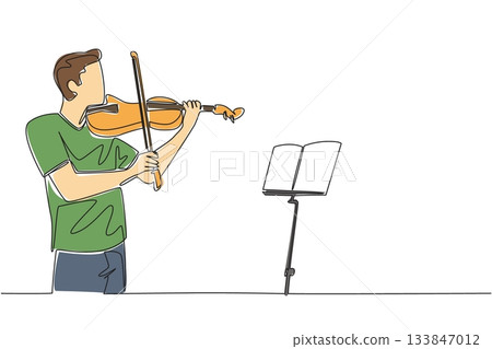 Continuous one line drawing man in casual clothes is playing the violin in front of the note stand. The perfect dress rehearsal. Musician. World Fiddle Day. Single line draw design vector illustration 133847012