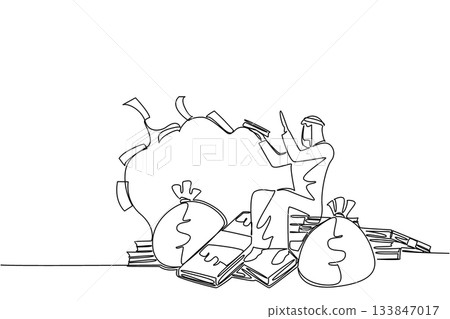 Single continuous line drawing an Arabian man sits on a pile of banknotes and throws banknotes. Smart work pays off. Maximum profit. Wealthy. Be a Millionaire Day. One line design vector illustration 133847017