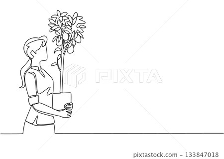 Single continuous line drawing a young woman holding a lemon tree in a pot that is already bearing fruit. A satisfying harvest. Freshness. Plant a Lemon Tree Day. One line design vector illustration Single continuous line drawing a young woman holding a lemon tree in a pot that is already bearing fruit. A satisfying harvest. Freshness. Plant a Lemon Tree Day. One line design vector illustration 133847018