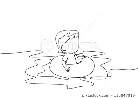 Single one line drawing baby girl wearing a swimming ring. First swimming experience for little one. Happy full of fun. Excited. National Learn to Swim Day. Continuous line design graphic illustration Single one line drawing baby girl wearing a swimming ring. First swimming experience for little one. Happy full of fun. Excited. National Learn to Swim Day. Continuous line design graphic illustration 133847019