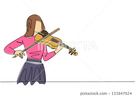 Single continuous line drawing a woman in casual clothes is playing the violin. Dress rehearsal for perfect performance. Beauty musician. Melody. World Fiddle Day. One line design vector illustration 133847024