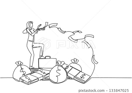 Continuous one line drawing woman stands on pile of banknotes and money bag throwing banknotes. Throwing money into being an investor. Be a Millionaire Day. Single line draw design vector illustration 133847025