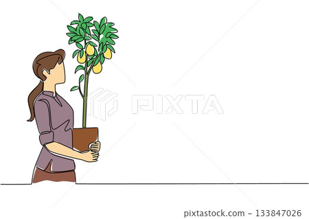 Single continuous line drawing  a young woman holding a lemon tree in a pot that is already bearing fruit. A satisfying harvest. Freshness. Plant a Lemon Tree Day. One line design vector illustration 133847026