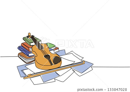 Single one line drawing violin on sheets of notation and stacks of old books. Looking inspiration for melodious tunes. Soothing chants. World Fiddle Day. Continuous line design graphic illustration Single one line drawing violin on sheets of notation and stacks of old books. Looking inspiration for melodious tunes. Soothing chants. World Fiddle Day. Continuous line design graphic illustration 133847028