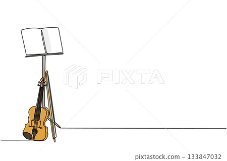 Single continuous line drawing violin with its strings leaning against the note stand. The violinist put down the instrument to rest. Composer. World Fiddle Day. One line design vector illustration 133847032