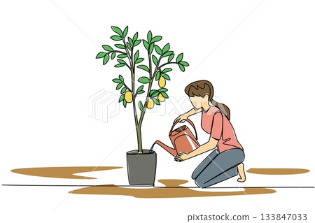 Continuous one line drawing a woman watering a lemon tree in a pot using a watering can. Give the best fertilizer then water it. Plant a Lemon Tree Day. Single line draw design vector illustration Continuous one line drawing a woman watering a lemon tree in a pot using a watering can. Give the best fertilizer then water it. Plant a Lemon Tree Day. Single line draw design vector illustration 133847033