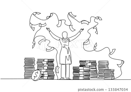 Single one line drawing back view, Arab woman stands with arms outstretched and throws the banknotes. Celebrating achievements. Rich. Be a Millionaire Day. Continuous line design graphic illustration Single one line drawing back view, Arab woman stands with arms outstretched and throws the banknotes. Celebrating achievements. Rich. Be a Millionaire Day. Continuous line design graphic illustration 133847034