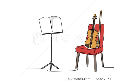 Single one line drawing violin on a chair and beside it there is a note stand with a notation sheet. Respect a musical instrument. Sound. World Fiddle Day. Continuous line design graphic illustration 133847035
