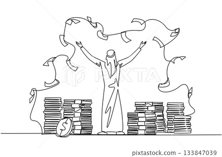 Continuous one line drawing back view, Arab man stands with arms outstretched and throws the banknotes. Invest massively. Profit. Be a Millionaire Day. Single line draw design vector illustration Continuous one line drawing back view, Arab man stands with arms outstretched and throws the banknotes. Invest massively. Profit. Be a Millionaire Day. Single line draw design vector illustration 133847039