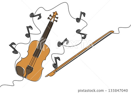 Continuous one line drawing violin with strings and around it there are many scattered musical note signs. Produces harmonious tones. World Fiddle Day. Single line draw design vector illustration Continuous one line drawing violin with strings and around it there are many scattered musical note signs. Produces harmonious tones. World Fiddle Day. Single line draw design vector illustration 133847040