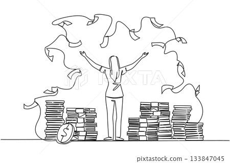 Single continuous line drawing back view, a woman stands with arms outstretched and throws the banknotes. Increasing annual income. Wealth. Be a Millionaire Day. One line design vector illustration 133847045