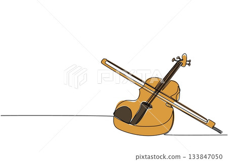 Continuous one line drawing violin with its bow. Musical instruments of various genres. Singing soothing classical music. Harmony. Sound. World Fiddle Day. Single line draw design vector illustration 133847050