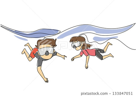 Single one line drawing boys and girls using swimming goggles for diving. Two brothers and sisters in the swimming pool. Newbie. National Learn to Swim Day. Continuous line design graphic illustration 133847051