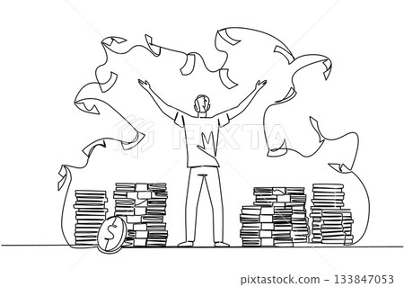 Continuous one line drawing back view, a man stands with arms outstretched and throws the banknotes. Major investments will be made. Be a Millionaire Day. Single line draw design vector illustration Continuous one line drawing back view, a man stands with arms outstretched and throws the banknotes. Major investments will be made. Be a Millionaire Day. Single line draw design vector illustration 133847053