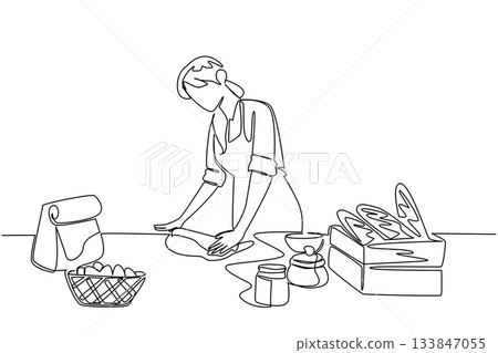 Single continuous line drawing a woman flattens the dough using a rolling pin. A fun new hobby. Getting creative with cooking. Delicious snacks. World Baking Day. One line design vector illustration 133847055